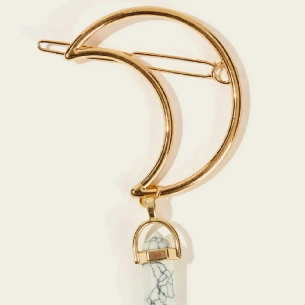 Boho Gold Crescent Moon Hair Pin with White Marble Stone Pendant Celestial Hair